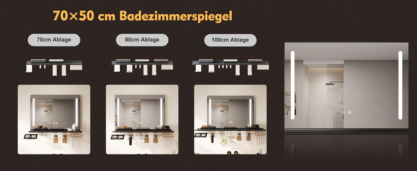 Дзеркало для ванної кімнати SONNI з підсвічуванням 60x40 см, LED, IP44, білий. Розміри: 70x50 см, темно-сірий, з боковим підсвічуванням