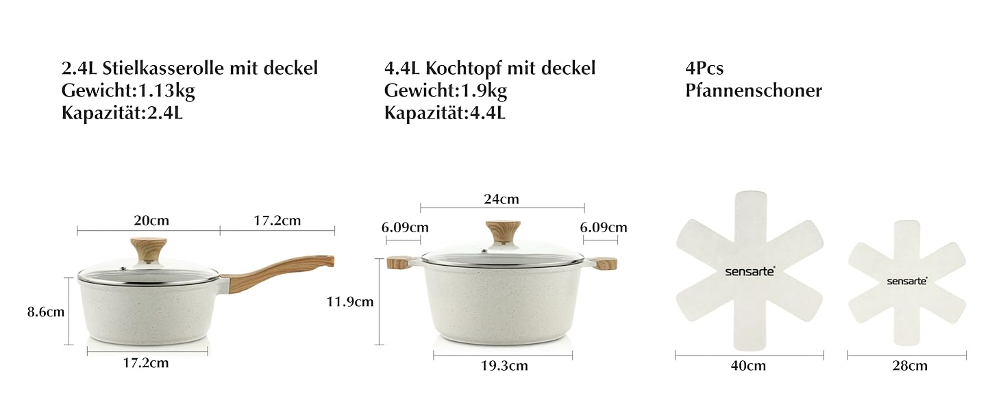 Набір посуду SENSARTE з антипригарним покриттям Ceramic, 13 предметів: каструлі та сковороди. Безпечний набір посуду з нержавіючої сталі з Cool-Touch ручками, силіконовими інструментами та захистом для дна. Без PFOA/PTFE/PFAS. Білий.