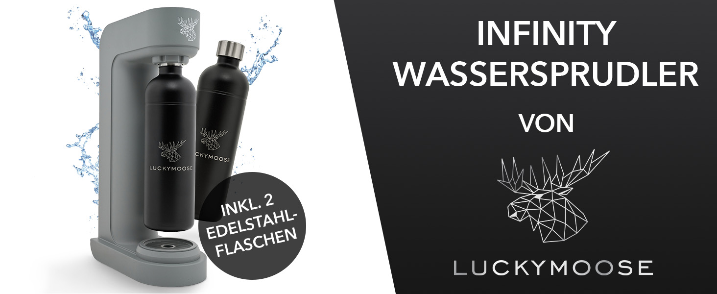 Luckymoose Infinity: Газована вода з двома нержавіючими пляшками 1.25л - економний сифон для газування води, сумісний з CO₂ балонами 60л (Сірий - 2x Чорний)