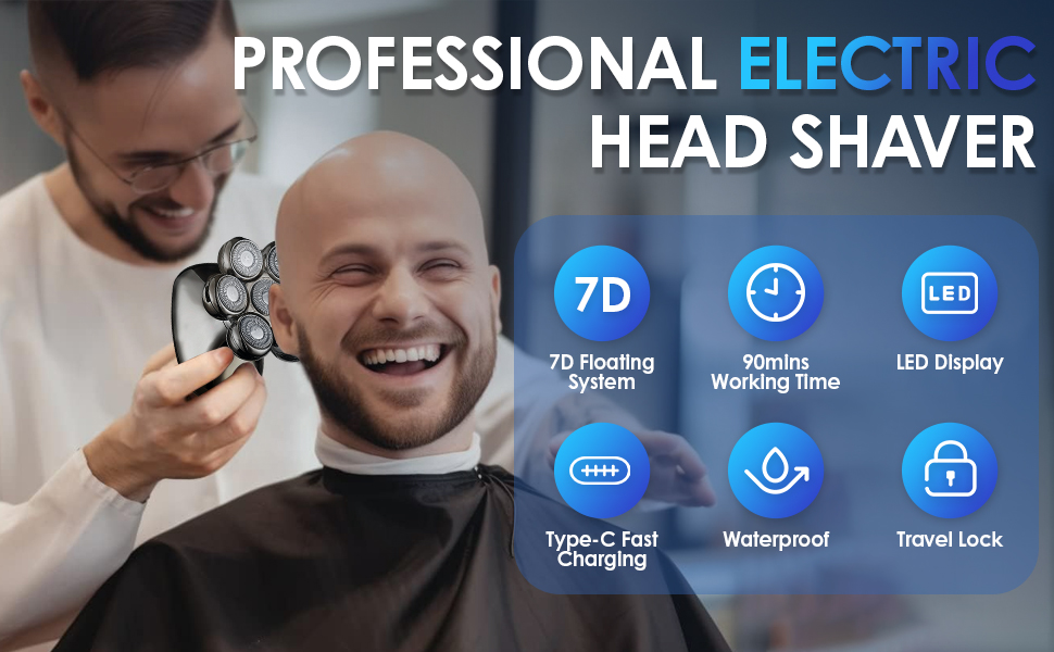 Електричний гостростример для голивної голови 5-в-1 для чоловіків, з 7 обертовими лезами, водонепроникний, USB-C, з LED-дисплеєм