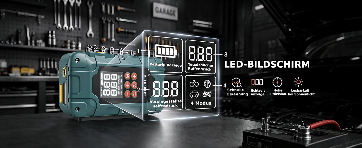 Пусковий пристрій (бустер) для авто 12V 7000A з компресором та Powerbank, колір зелений