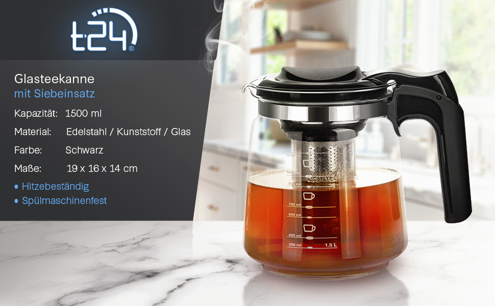 Скляна чайник T24 з ситом, 1250 мл - термостійкий, з нержавіючою сталлю, для заварювання листового чаю, з захистом від перегріву