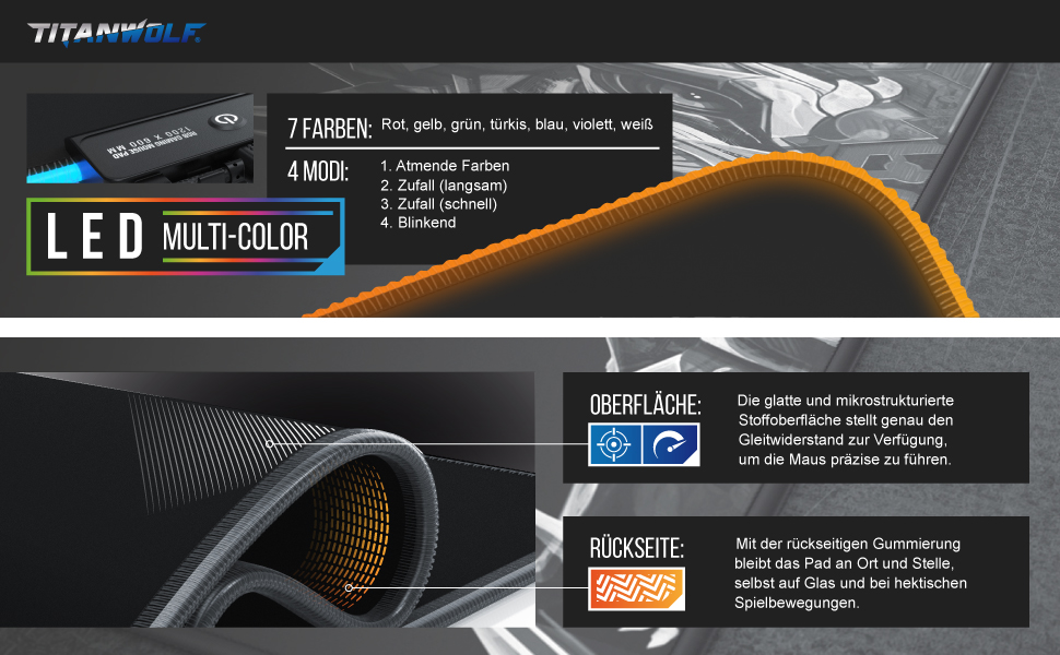 Ігровий килимок для миші TITANWOLF RGB XXL (800x300 мм) з LED-підсвіткою, 11 режимів освітлення, вологостійкий, чорний