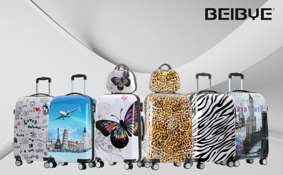 Дорожній набір валіз BEIBYE Butterfly 2060 з TSA-замком, 4 предмети, міцний жорсткий корпус, ручна поклажа та косметичка (L-66 см)