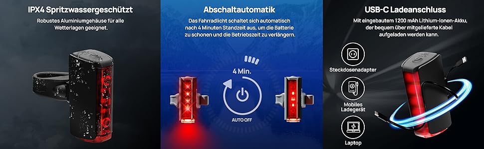 Fischer велосипедний LED задній ліхтар Twin Stop, з акумулятором, 360° підсвічуванням, до 8 годин роботи, USB зарядка, чорний