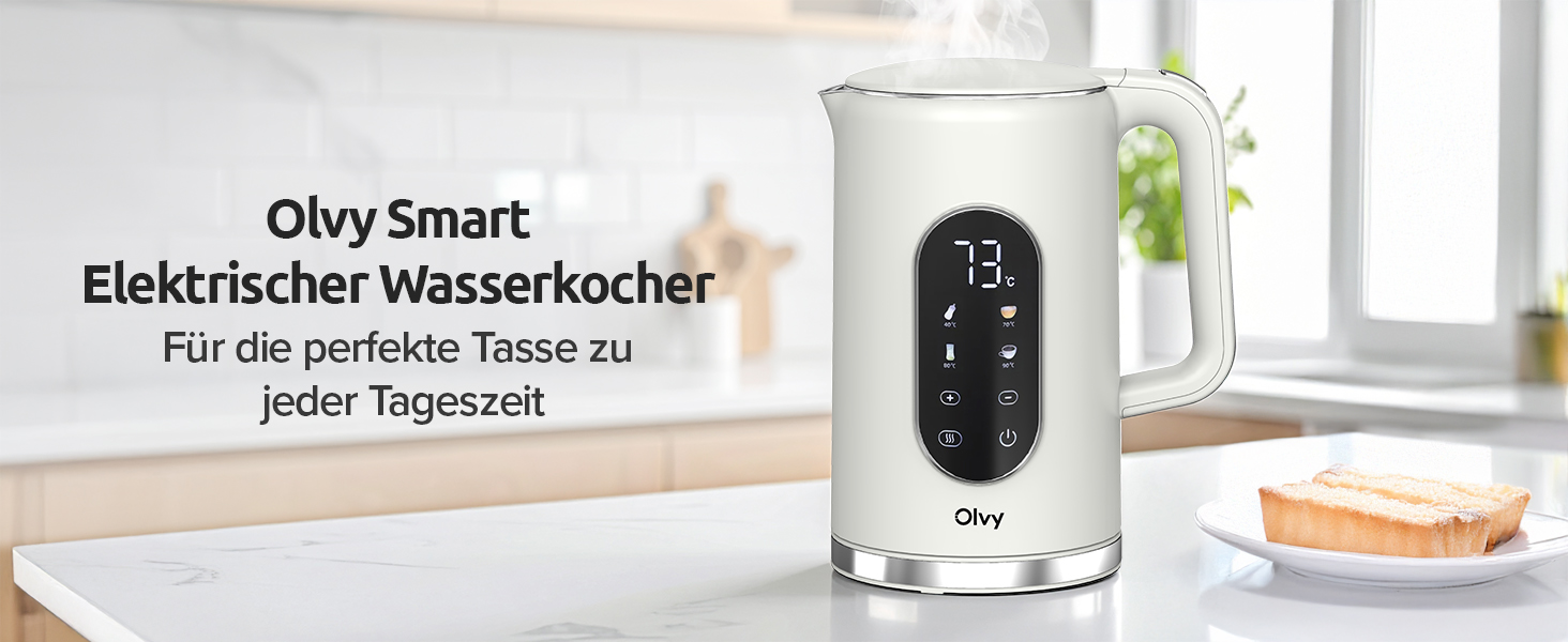 Електричний чайник Olvy 1.7L з регулюванням температури – Швидкий, з нержавіючої сталі, 2200W, з функцією підтримання тепла, подвійні стінки (Білий)