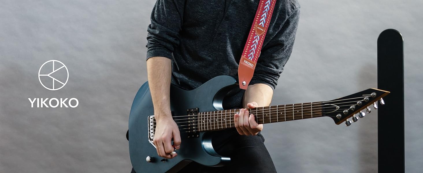 Гітарний ремінь 5,1 см з бавовни з шкіряними кінцями для бас-гітари, електрогітари та акустичної гітари, синій