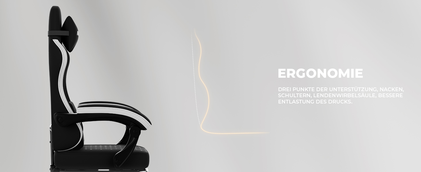 Геймерське крісло Ergonomic з підставкою для ніг та підтримкою спини, регульоване, для дому, офісу, кіберспорту (чорно-біле)