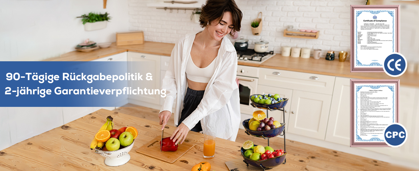 DUJUST Трирівнева етажерка для фруктів з кераміки, 3 яруси, сучасний дизайн, обпалена глазур, для кухні, зберігання фруктів, стабільна, придатна для миття в посудомийній машині