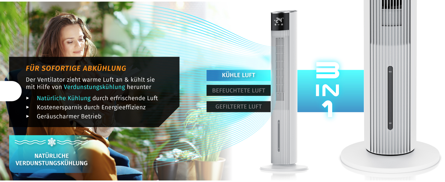 Вентилятор вежний з Wi-Fi та охолодженням Brandson ECO GREEN – розумне охолодження для дому, тихий, з керуванням Alexa, мобільний кондиціонер