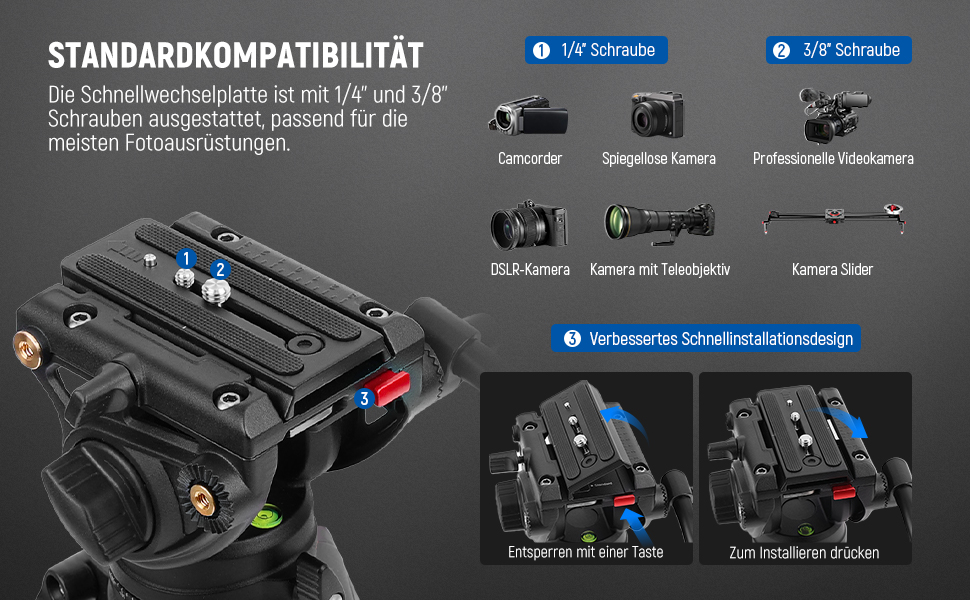 NEEWER Професійний штатив для відео 74' з Fluid-головкою, QR-платівкою, сумісний з DJI RS, для DSLR, максимальне навантаження 8 кг