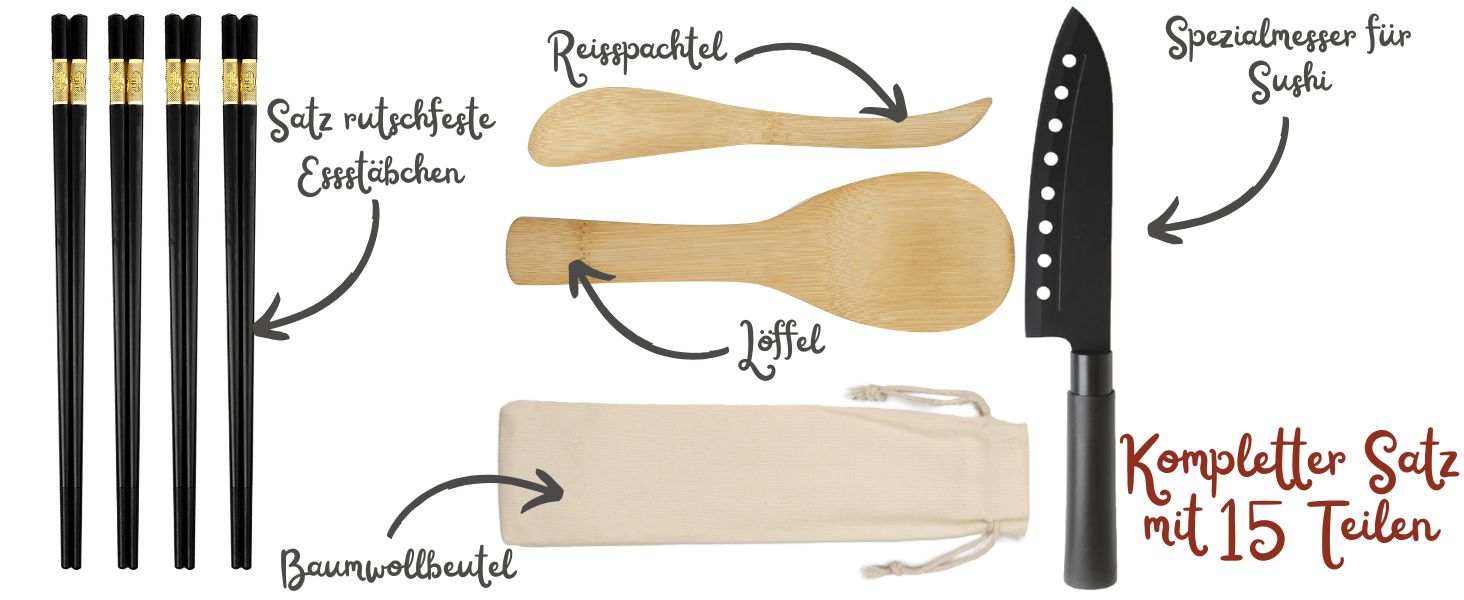 Набір для приготування суші на 17 частин. Професійний набір для суші, бамбукова килимок, ніж, форми для нігірі та онігірі, палички, ложка. Maker B