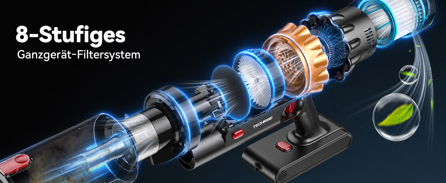 Акумуляторний вертикальний пилосос TechRise 58KPA 680W, LED-дисплей, 3 смарт-режими, антинамотування та фільтр 8-в-1, для килимів, твердих підлог та шерсті тварин, чорно-золотий