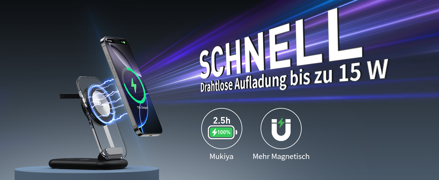 Зарядний пристрій MagSafe 3-в-1 для iPhone 17/16/15/14/13/12 Pro Max/Air/Plus/Pro та Apple Watch 10/9, AirPods 3/2/Pro, чорний