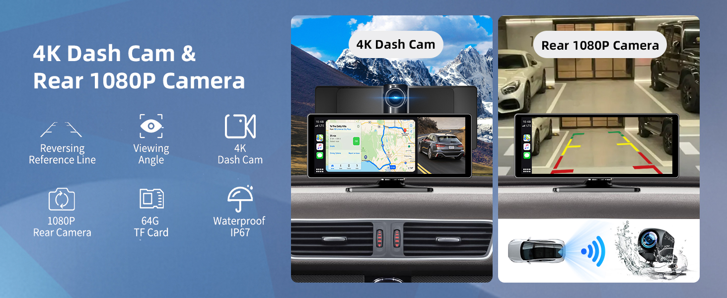 10.26-дюймовий бездротовий дисплей CarPlay/Android Auto для авто з 4K відеореєстратором, 1080P камерою заднього виду, GPS, Bluetooth, FM, 64 ГБ, підтримка Siri/Google Assistant, Mirror Link