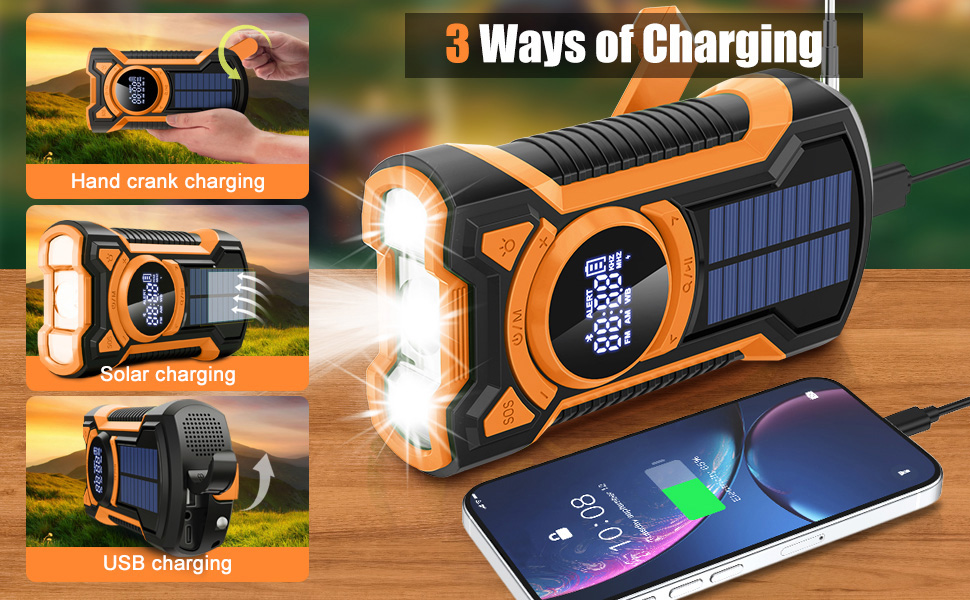 Радіо на сонячній батареї з ручкою, 5000mAh, Bluetooth, USB, FM/AM, SOS-сигнал, ліхтарик, IPX5, для кемпінгу та надзвичайних ситуацій