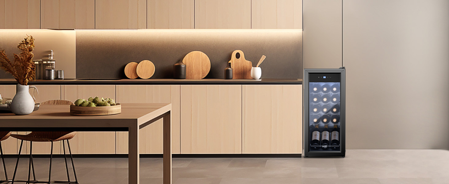 WIE 33L 1-Zone Wine Cooler Fridge - Compact Wine Refrigerator with Glass Door, LED Touch Panel, Anti-UV Protection (18 Bottles)