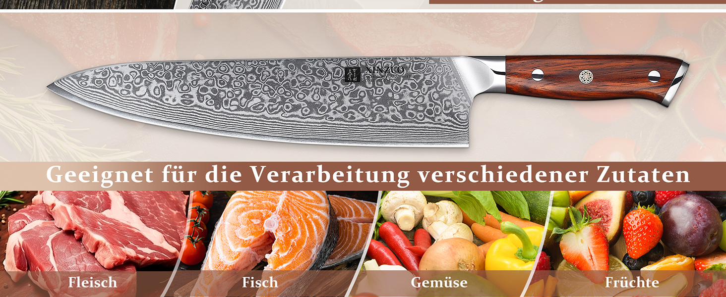 XINZUO 21cm Damascus Chef's Knife - 67 Layer Multipurpose Kitchen Knife for Meat, Fish & Vegetables - Gyuto Professional Hand-Forged Knife with Ergonomic Rosewood Handle