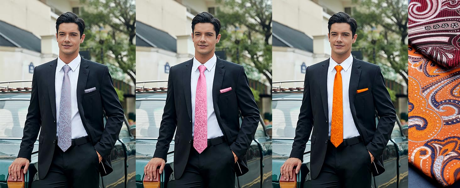 Краватка для чоловіків HISDERN з кишеньковим хустинкою, патерн пейслі, формальний стиль, класична краватка та комплект кишенькових хустинок для чоловіків, N-Зелений-2