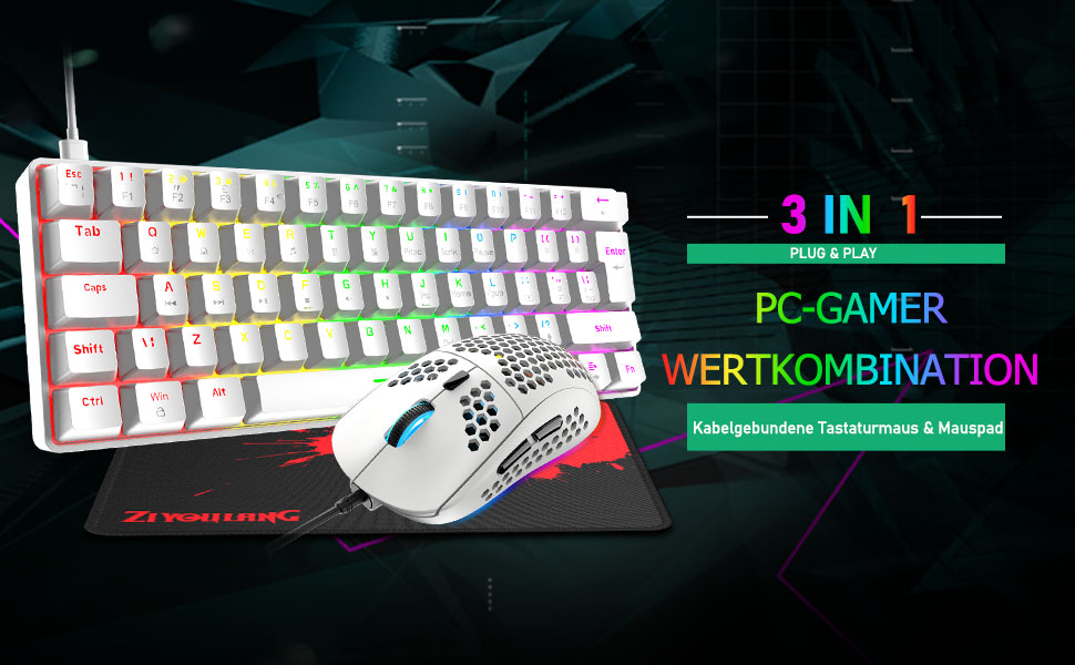 Ігрова клавіатура та миша UK-Layout з підсвічуванням RGB, 62 клавіші, механічна, 6400 DPI (чорний/червоний або білий/синій перемикач)