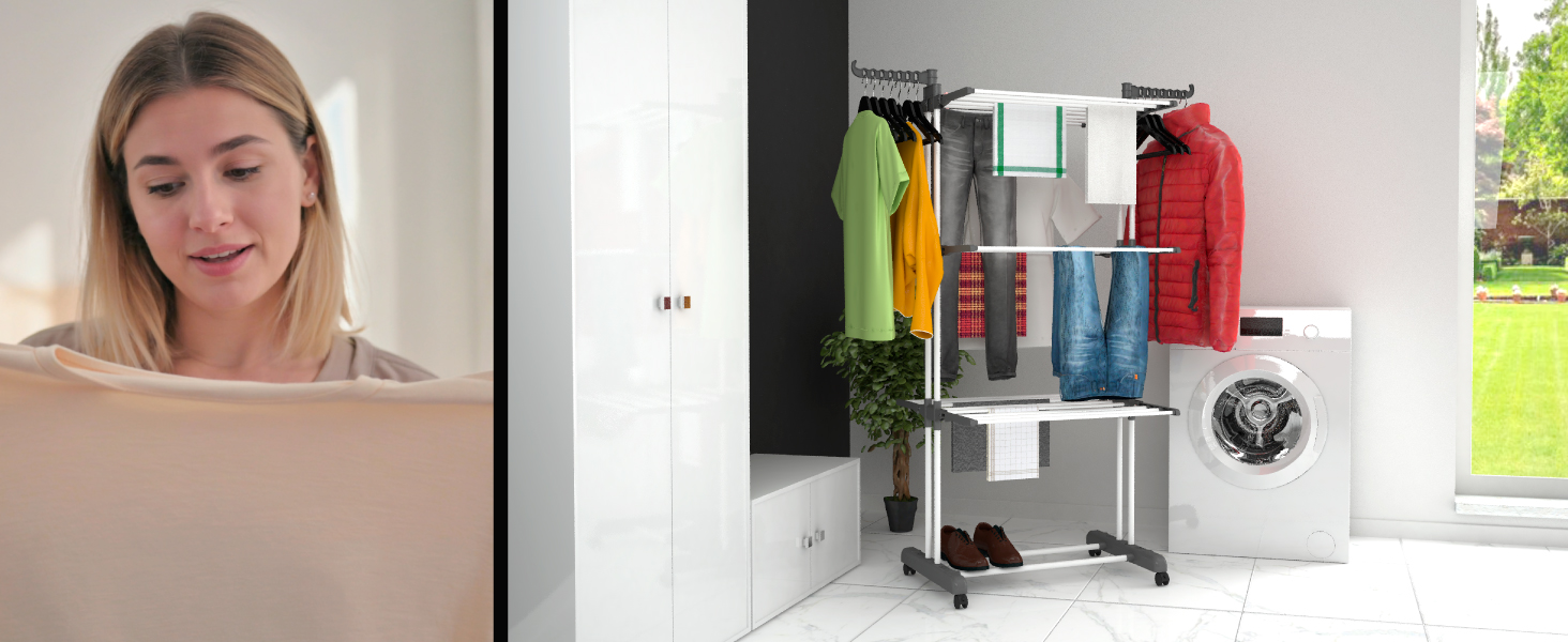 Сушарка для білизни VertiSlim складана, вежа з 4 рівнями, нержавіюча сталь, на колесах, чорна - для дому та вулиці