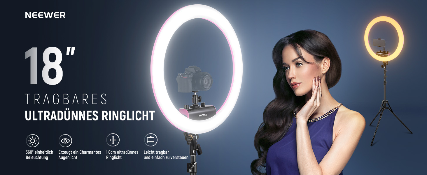 NEEWER Комплект кільцевого світла для фото та відео: 48 см, 52 Вт, регульоване LED світло, штатив, Bluetooth, рожевий (RP18B Pro)