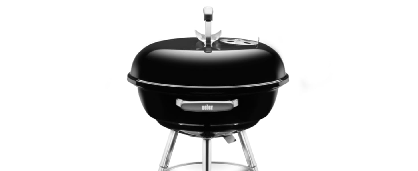 Вугільний гриль Weber Compact Kettle 47 см, порцелянове покриття, на тринозі з колесами, хромована решітка, чорний