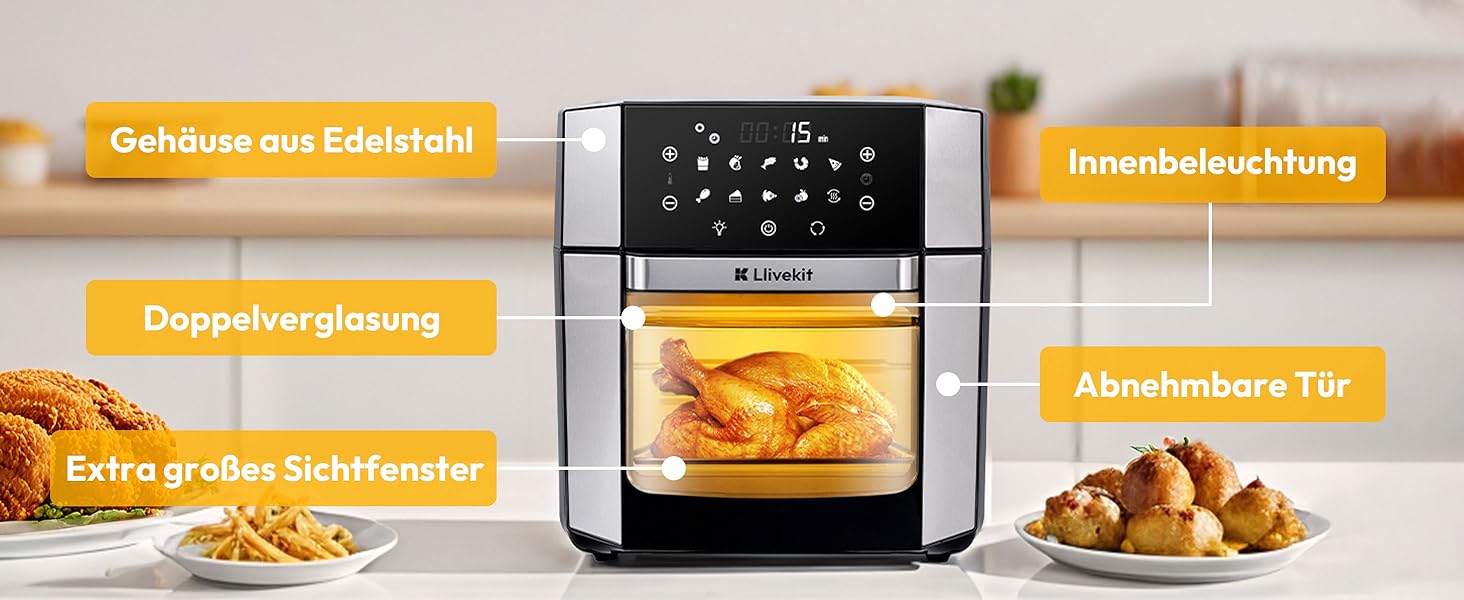 Фритюрниця повітряна 15л, мультифурна з конвекцією 1800W, 10 в 1, з нержавіючої сталі, чорно-срібна