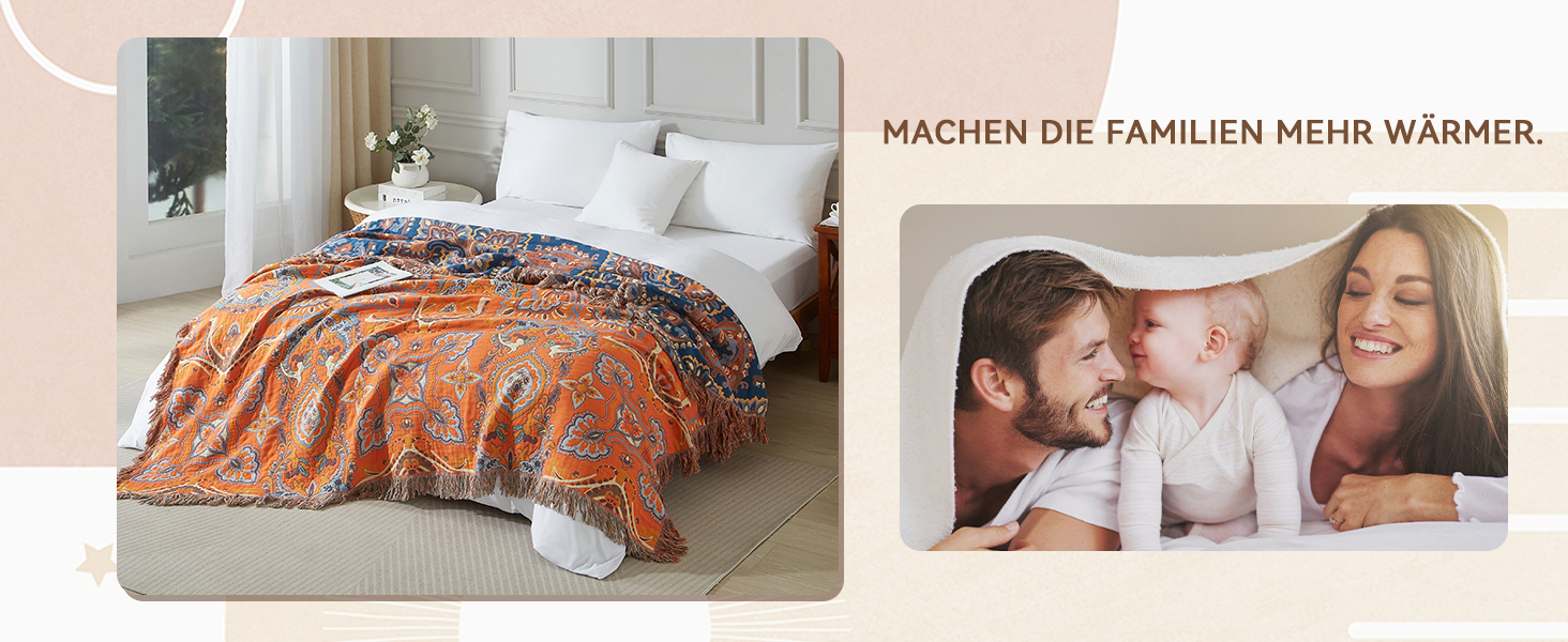 Богемна ковдра Boho Decke 100% бавовна – двостороння муслінова ковдра 150x200 см, м'яка софа/ковдра та покривало для ліжка, естетичний дизайн, ідеально для вітальні та спальні, помаранчево/блакитний колір, зірковий сон 150 x 200 см