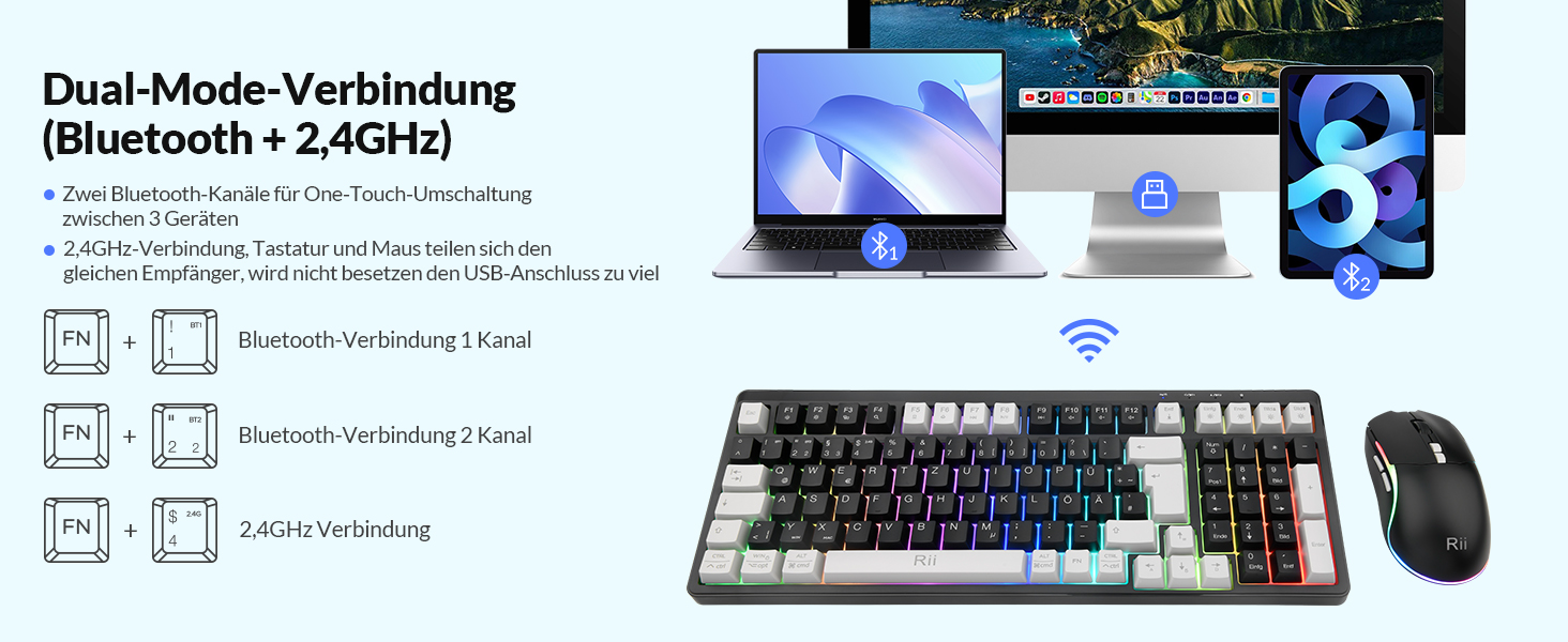 Бездротовий ігровий комплект клавіатури та миші Rii: Bluetooth + 2.4GHz, LED-підсвітка, QWERTZ