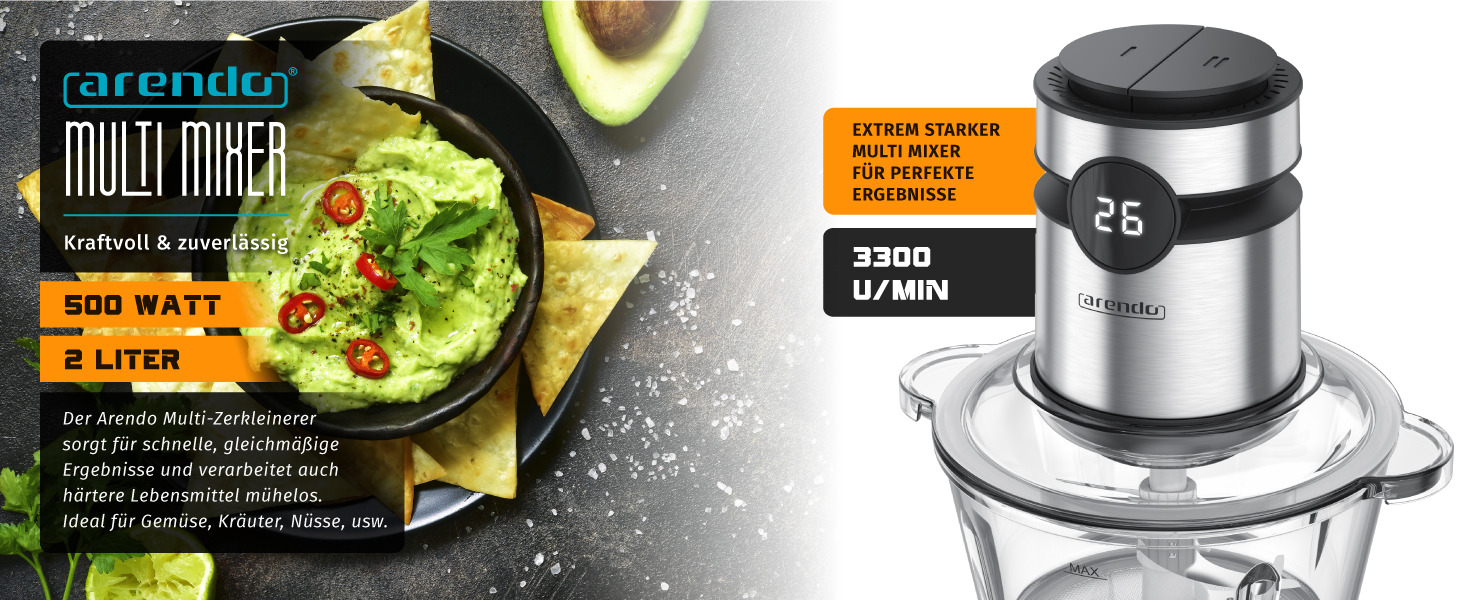 Електричний подрібнювач Arendo з нержавіючої сталі, 500 Вт, об'єм 2 л, для м'яса, горіхів, фруктів, овочів та іншого