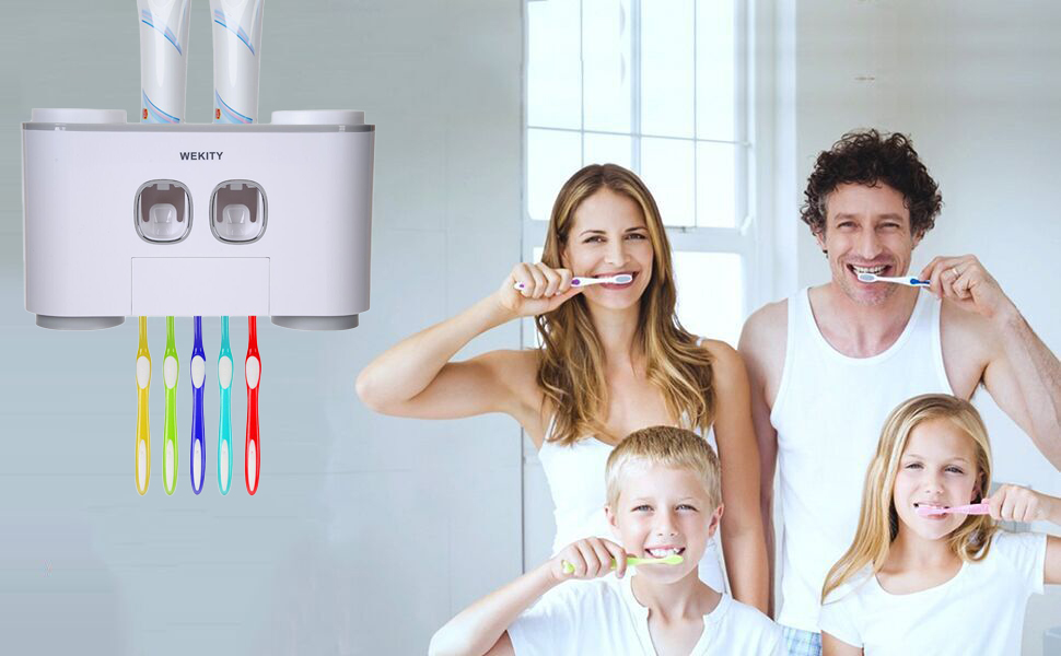Тримач для зубних щіток WEKITY з дозатором пасти, настінний, сірий, для дітей та дорослих. Набір: 2 дозатори, 5 слотів для щіток, 4 чашки