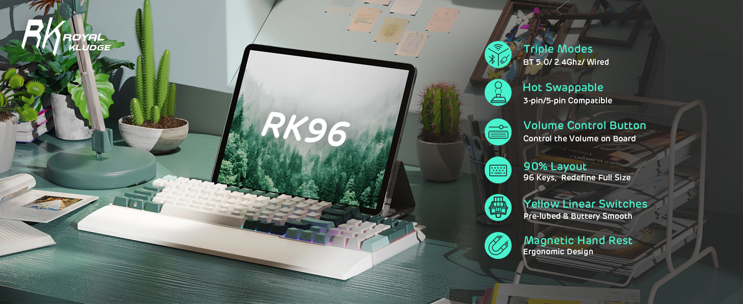 Механічна клавіатура RK ROYAL KLUDGE RK96 RGB Limited Ed з RGB підсвічуванням, 96 клавіш, 90% layout, Bluetooth 5.0/2.4G/USB-C, Hot-Swap, QWERTY (Camp Grün)