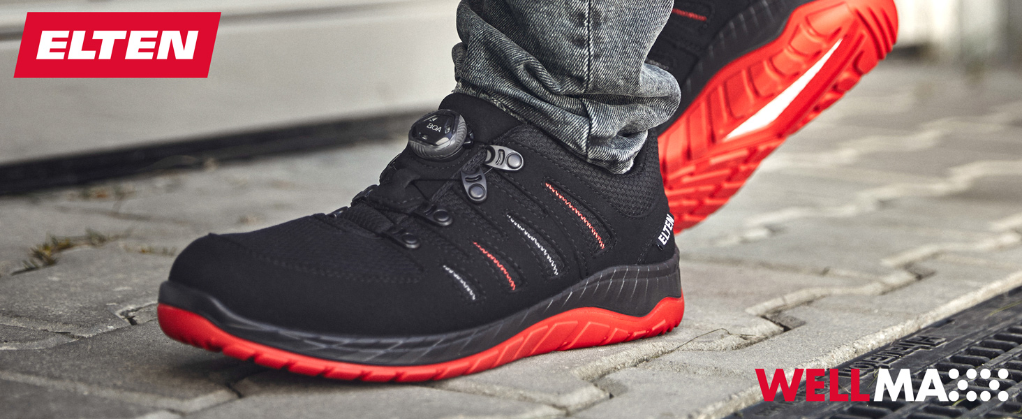 Робочі черевики ELTEN Maddox Black-red Low ESD S3S, чорно-червоні, текстиль, сталевий капок, легкі, спортивні, 46 EU (для жінок та чоловіків)