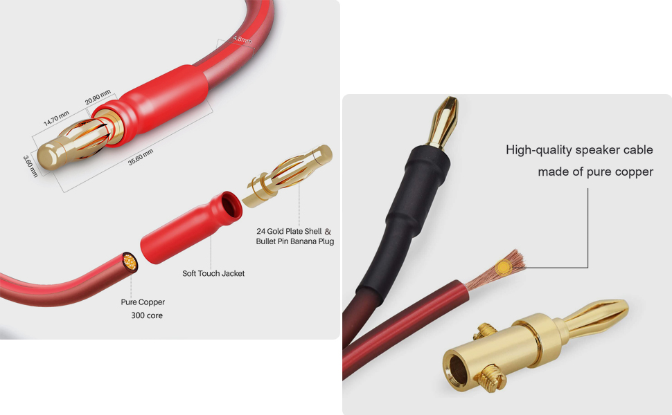 Акустичний кабель LONPOO LP42 з чистої міді та позолоченими бананоподібними роз'єктами, 14 AWG, 2 м, червоний (пара) для HiFi колонок