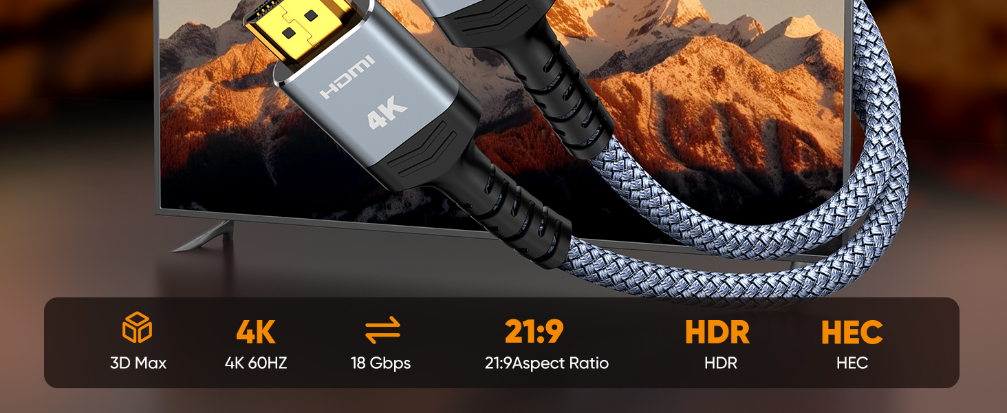 HDMI кабель SNOWKIDS 4K 2 метри: Nylon, Ethernet, Audio, Золочені коннектори, сумісний з HDTV, Laptop, Blu-ray, Soundbar, Monitor, PS-5, X-box