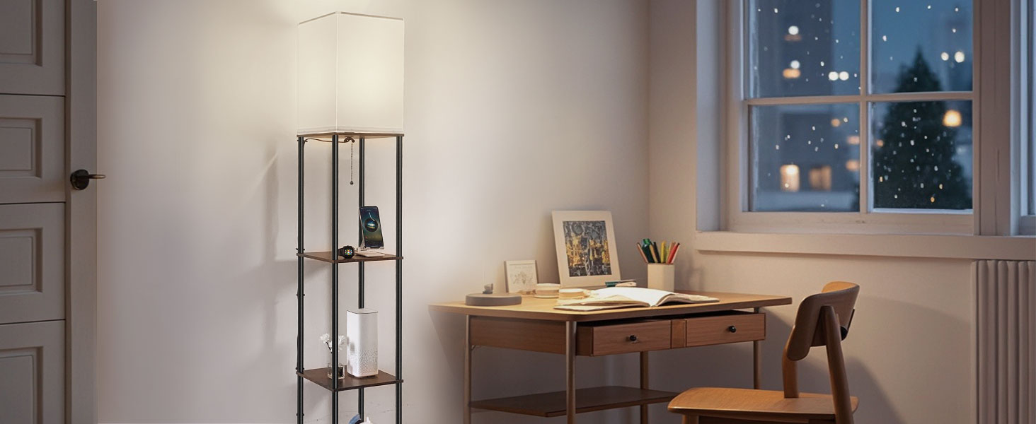 Сучасна торшер BBHome з полицею, регульоване LED освітлення 3 кольорів, 9W, для вітальні, спальні, офісу, дерево, білий/rustikales Braun