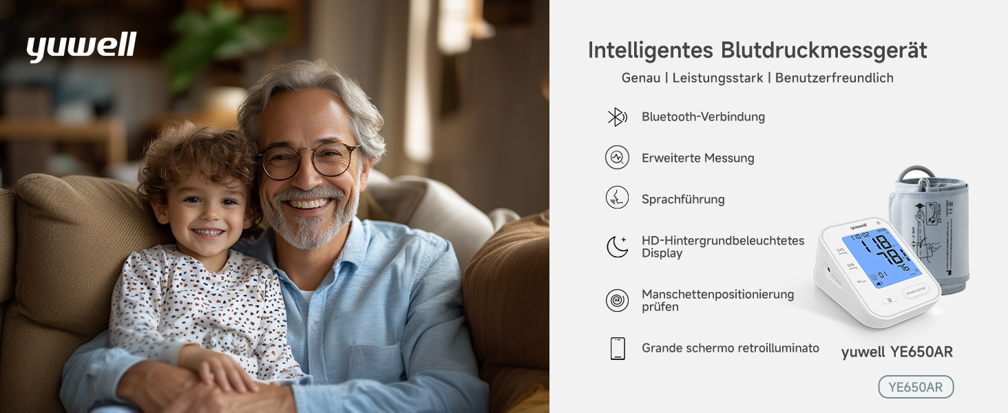 Тонометр Yuwell Intelligentes Oberarm Bluetooth YE650AR | Манжета 22-45 см, мовлення, дисплей з підсвіткою, акумулятор, додаток iOS & Android