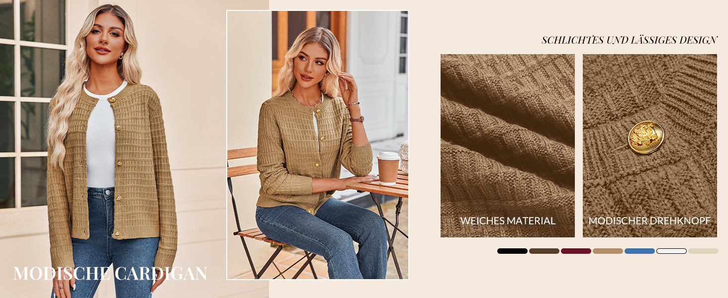 Жакет Zeagoo з довгими рукавами, кардиган з круглою шиєю, в'язаний жакет на ґудзиках, відкритий спереду, елегантний в'язаний светр для жінок (M, пісочний)