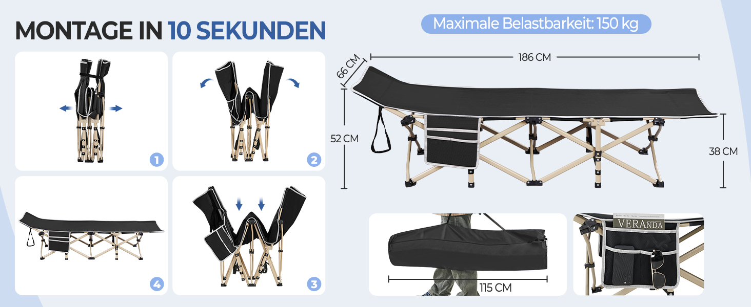 Ліжко гостьове Yaheetech складане, кемпінгове, з бічною кишенею та сумкою для транспортування, до 150 кг (Чорне)