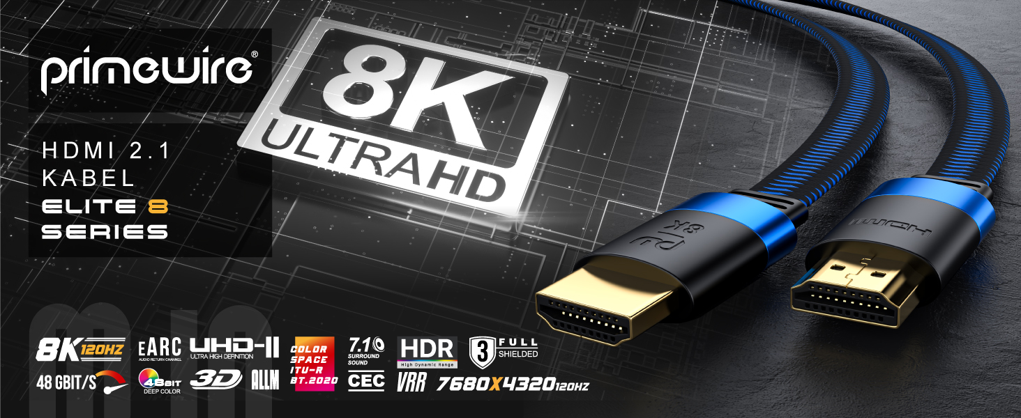 HDMI 2.1 кабель 8K Flachband - 3 метри, Ultra High Speed II, Ethernet, eARC, HDR10+, 7680x4320, 120Hz, DSC, тканинна оплетка, для прокладання