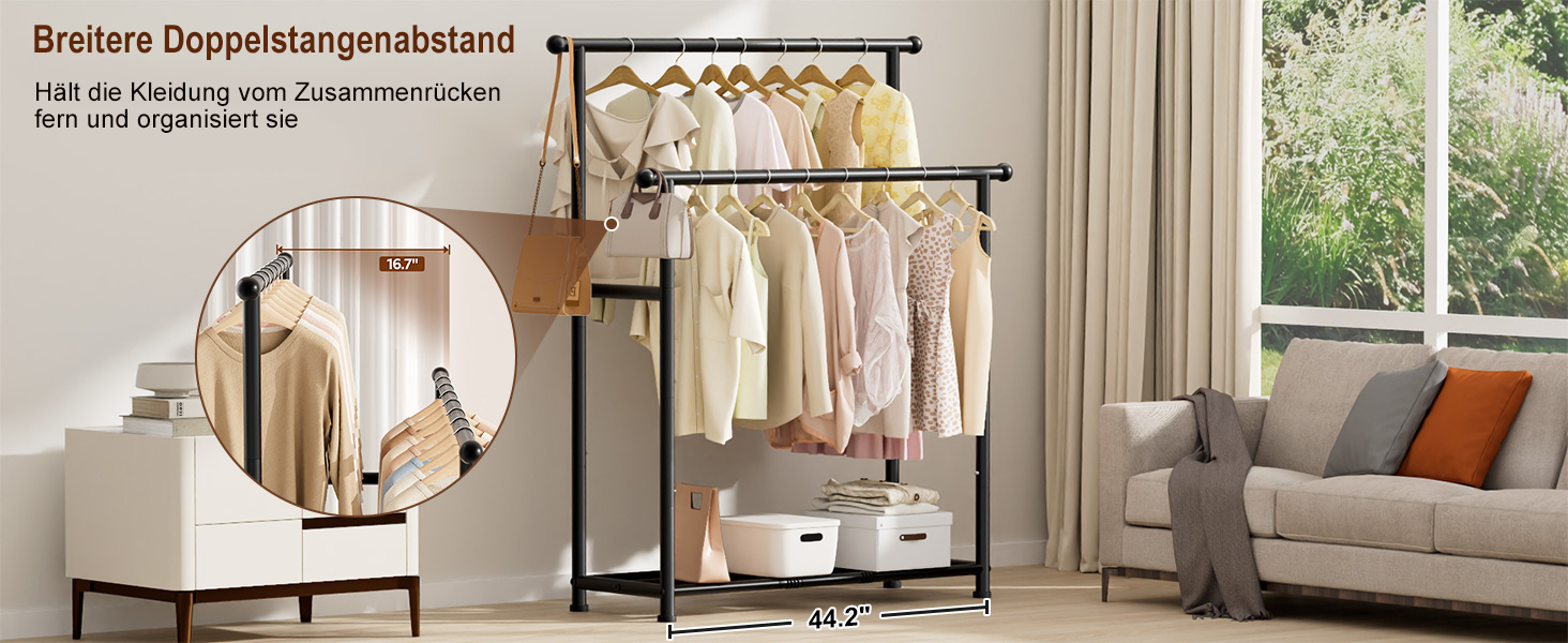 MISSLO Двоярусна вішалка для одягу, міцна, переносний гардероб для спальні, вітальні (чорний)