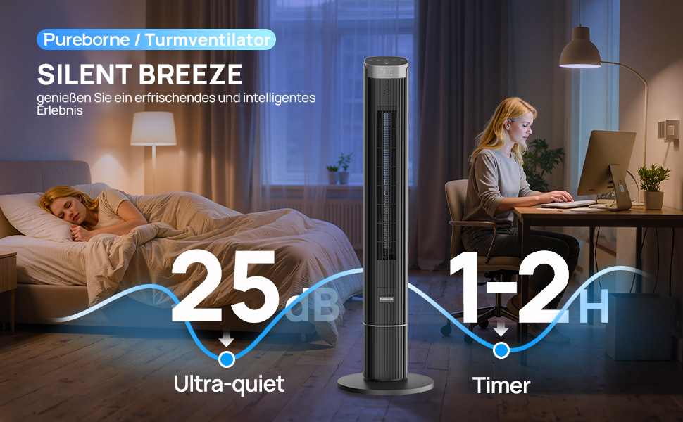 Вентилятор Pureborne Leiser: Турбо-вентилятор з осциляцією 90°, Wi-Fi, пульт, 4 режими, таймер 12 год, чорний, 102 см