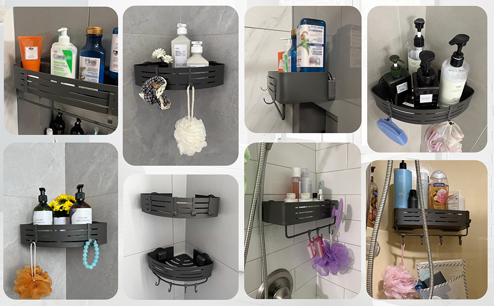 Двомісний кутовий поличний органайзер для душу без свердління, чорний, з кріпленням на присосках, з гачками для рушників та аксесуарів, для шампуню та гелю для душу