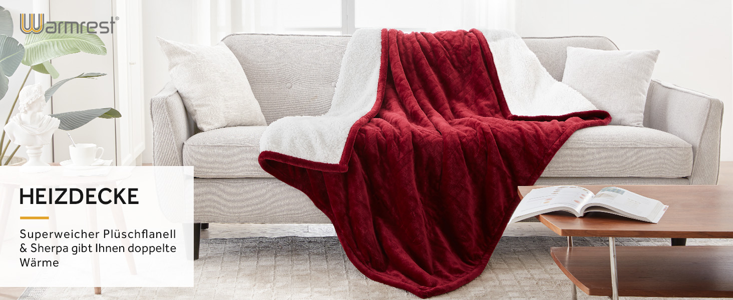 Електрична ковдра Warmrest, 130x180 см, фланель-шерпа, 6 температурних режимів, таймер 1-10 год, захист від перегріву, машинне прання