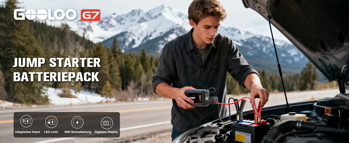 Powerbank для авто Gooloo G7 3000A: пусковий пристрій з USB-C, LED-ліхтарик, 12V (до 8.5L бензин/6L дизель)
