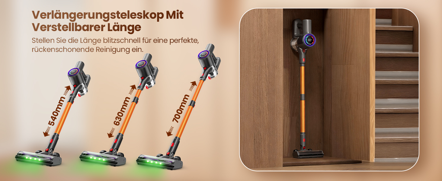 Бездротовий акумуляторний пилосос DP2 з подвійним акумулятором, 45KPa, 60 хвилин роботи, 500W, LED-дисплей, телескопічна труба, вертикальне зберігання, світло GreenEye, ідеальний для шерсті тварин/килимів/твердих підлог, золотий