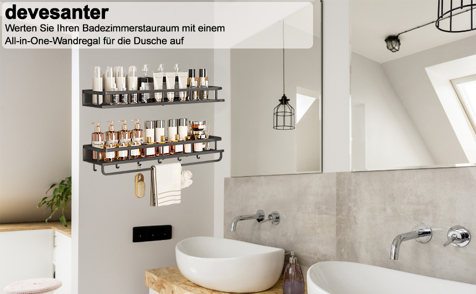 Поличка для душу Devesanter без свердління, 2 шт. - органайзер для ванної кімнати з тримачем для рушників та 6 гачками (60 см, сірий)