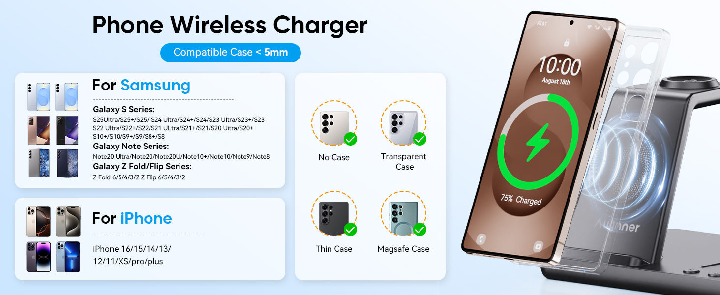 База для бездротової зарядки 6-в-1 з годинником та нічником для Samsung Galaxy (15W, чорний)