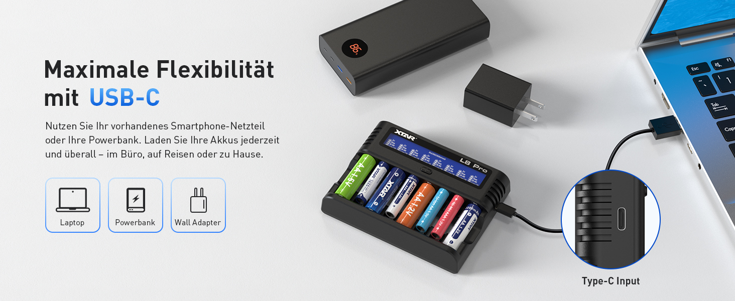 Зарядний пристрій XTAR L8 Pro для AA/AAA NiMH та Li-Ion 1.5V/1.2V з USB-C, LCD дисплеєм та функцією відновлення/ремонту